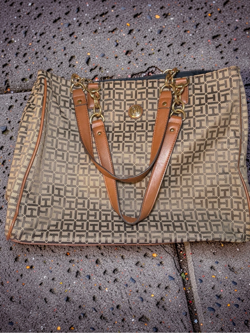 Tommy Hilfiger Tan Monogram Tote Shoulder Bag with Woven Texture